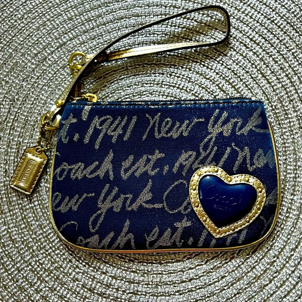Coach Navy and Gold Heart Wristlet